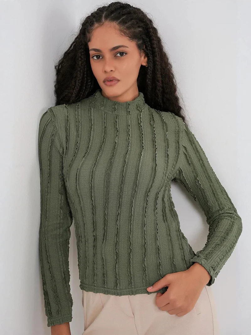 Big Dart Khaki Green BDART Textured Slim Fit Half Turtleneck Blouse for Women | Best Price UAE