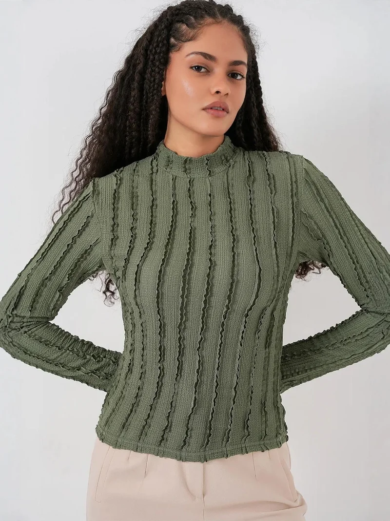 Big Dart Khaki Green BDART Textured Slim Fit Half Turtleneck Blouse for Women | Best Price UAE