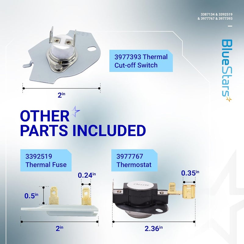 BlueStars 3387134 Cycling Thermostat 3392519 Dryer Thermal Fuse 3977393 Thermal Cut-off Switch 3977767 High-limit Thermostat Kit - Compatible with Whirlpool Kenmore Maytag Dryers - Image 3