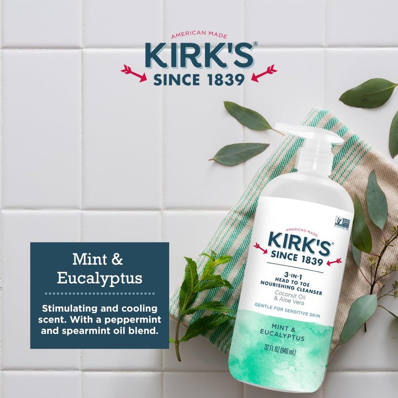 Kirk's 3-in-1 Head to Toe Nourishing Liquid Cleanser - for Men, Women, & Children - Premium Coconut Oil & Aloe Vera - Non GMO & Vegan - Mint and Eucalyptus - 32 Fl Oz. 2 pack - Image 5