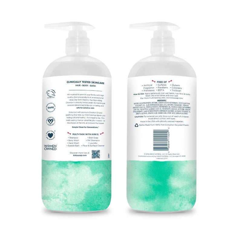 Kirk's 3-in-1 Head to Toe Nourishing Liquid Cleanser - for Men, Women, & Children - Premium Coconut Oil & Aloe Vera - Non GMO & Vegan - Mint and Eucalyptus - 32 Fl Oz. 2 pack - Image 2