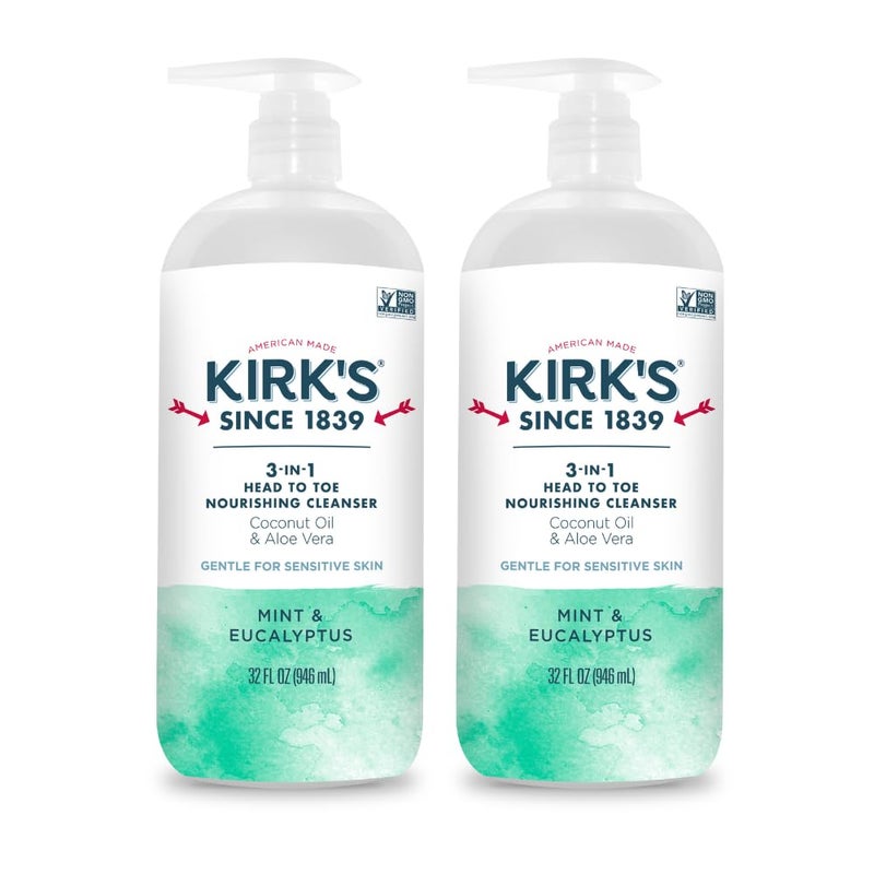 Kirk's 3-in-1 Head to Toe Nourishing Liquid Cleanser - for Men, Women, & Children - Premium Coconut Oil & Aloe Vera - Non GMO & Vegan - Mint and Eucalyptus - 32 Fl Oz. 2 pack - Image 1