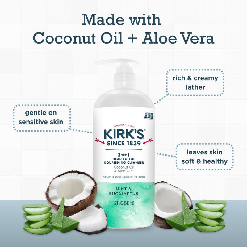 Kirk's 3-in-1 Head to Toe Nourishing Liquid Cleanser - for Men, Women, & Children - Premium Coconut Oil & Aloe Vera - Non GMO & Vegan - Mint and Eucalyptus - 32 Fl Oz. 2 pack - Image 4