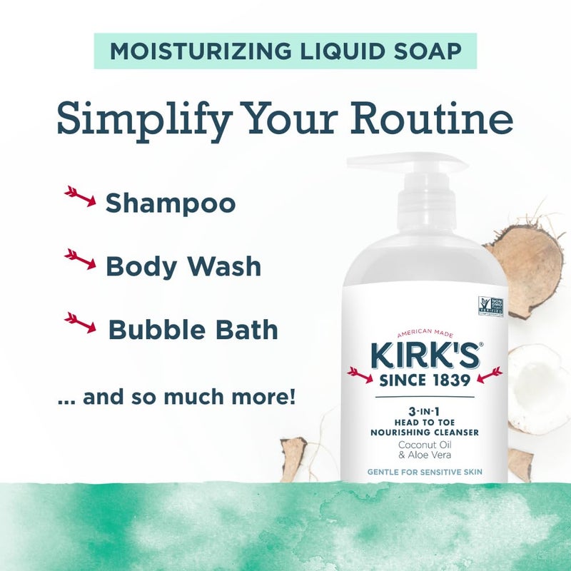Kirk's 3-in-1 Head to Toe Nourishing Liquid Cleanser - for Men, Women, & Children - Premium Coconut Oil & Aloe Vera - Non GMO & Vegan - Mint and Eucalyptus - 32 Fl Oz. 2 pack - Image 3