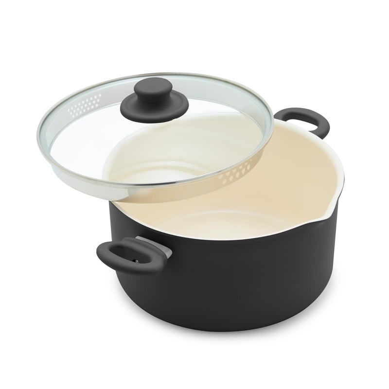 GreenLife 6QT Ceramic Nonstick Stockpot with Glass Straining Lid PFAS  PFOAFree Dishwasher Safe StayCool Handles Oven Safe to 350F WobbleFree Base Even Heating Black