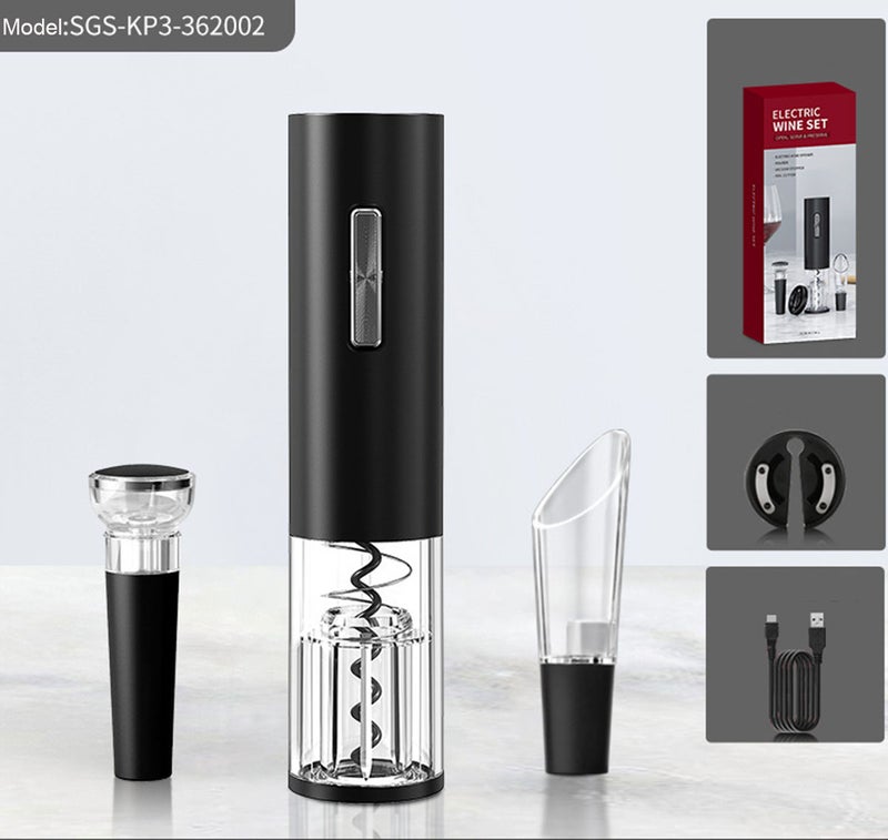 مجموعة مفتاح زجاجة النبيذ الكهربائي، مفتاح زجاجة النبيذ الشحن عبر USB المفك الآلي للغمد مع قاطعة الغلاف المعدني، وسدادة فراغية، منصرف للنبيذ للمنزل والحفلات والهدايا - Image 2
