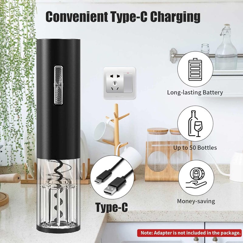 مجموعة مفتاح زجاجة النبيذ الكهربائي، مفتاح زجاجة النبيذ الشحن عبر USB المفك الآلي للغمد مع قاطعة الغلاف المعدني، وسدادة فراغية، منصرف للنبيذ للمنزل والحفلات والهدايا - Image 3