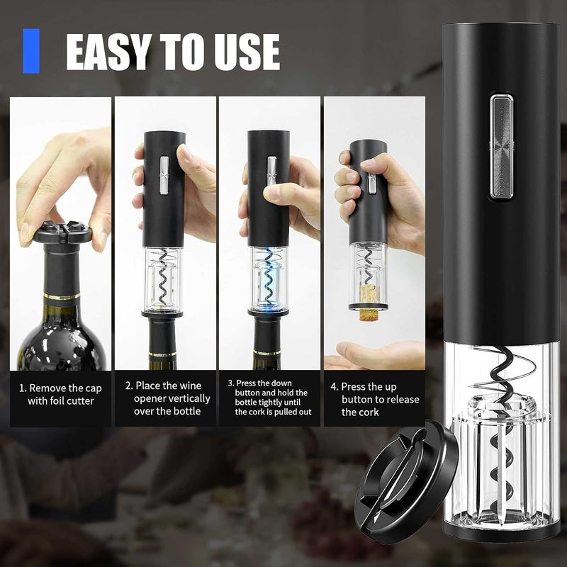 مجموعة مفتاح زجاجة النبيذ الكهربائي، مفتاح زجاجة النبيذ الشحن عبر USB المفك الآلي للغمد مع قاطعة الغلاف المعدني، وسدادة فراغية، منصرف للنبيذ للمنزل والحفلات والهدايا - Image 4