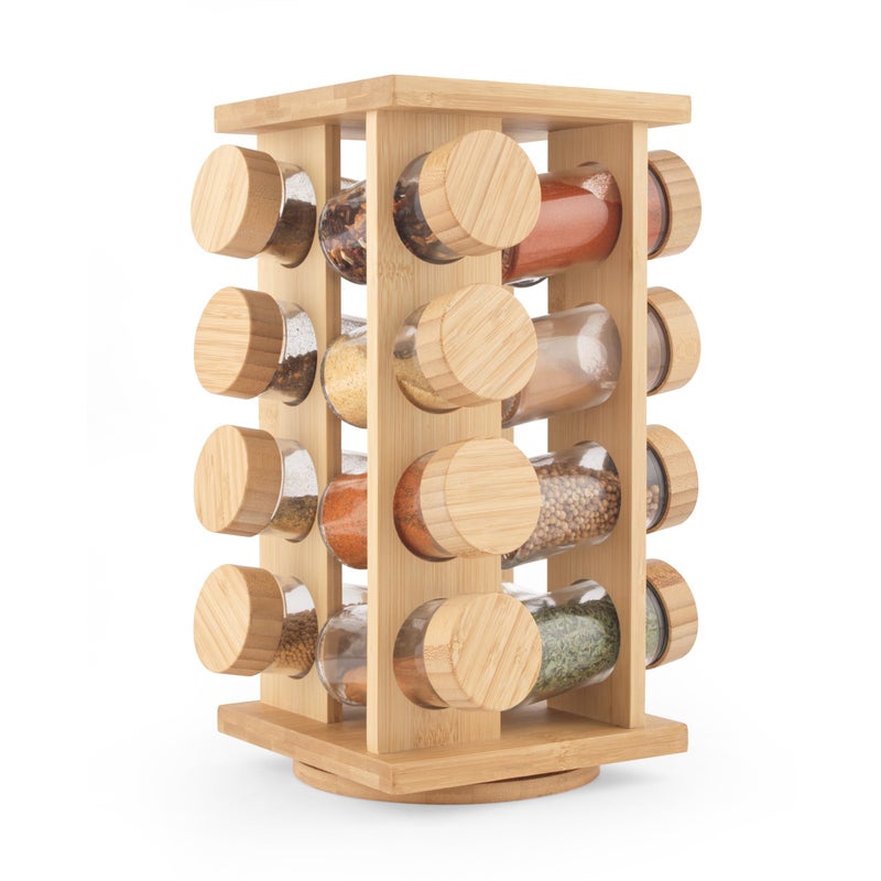 Salter Bamboo Spice Rack  Rotating Rack 16 Jars Included  Screw Top Lids Compact Long Lasting Freshness Spices  Seasonings Countertop Spice Organiser Spice Storage Free Standing