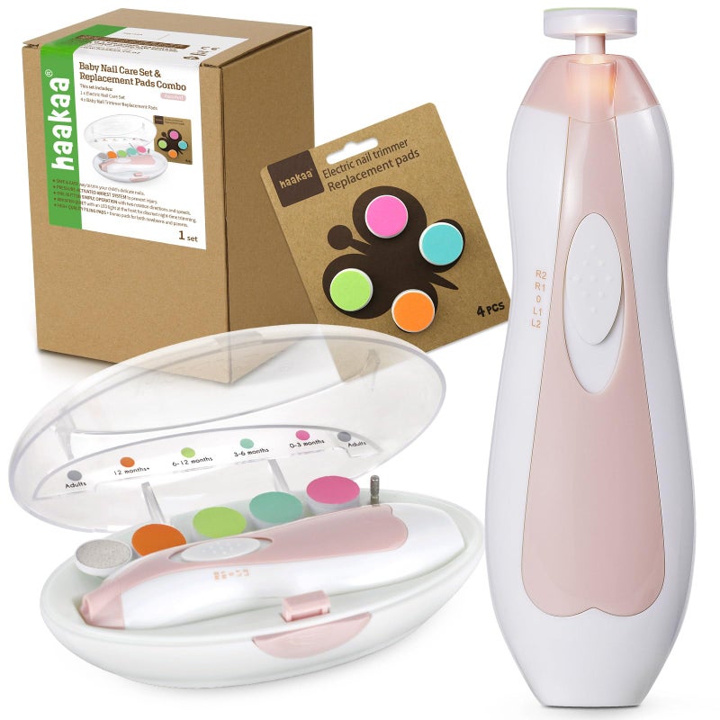 haakaa Baby Nail Trimmer Electric Baby Nail Clippers Kit for Newborn, Toddler or Adults Fingernails and Toenails Care, Baby Nail Care Set & Extra 4 Replacement Pads Combo - Image 1