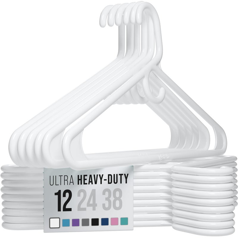 NEATERIZE Thick Heavy Duty Hangers - White Plastic Clothes Hangers 12 Pack - Great for Coat Hanger, Jackets Jeans & Suit Hanger for Closet - New Apartment Essentials Percheros Ganchos para Colgar Ropa - Image 1