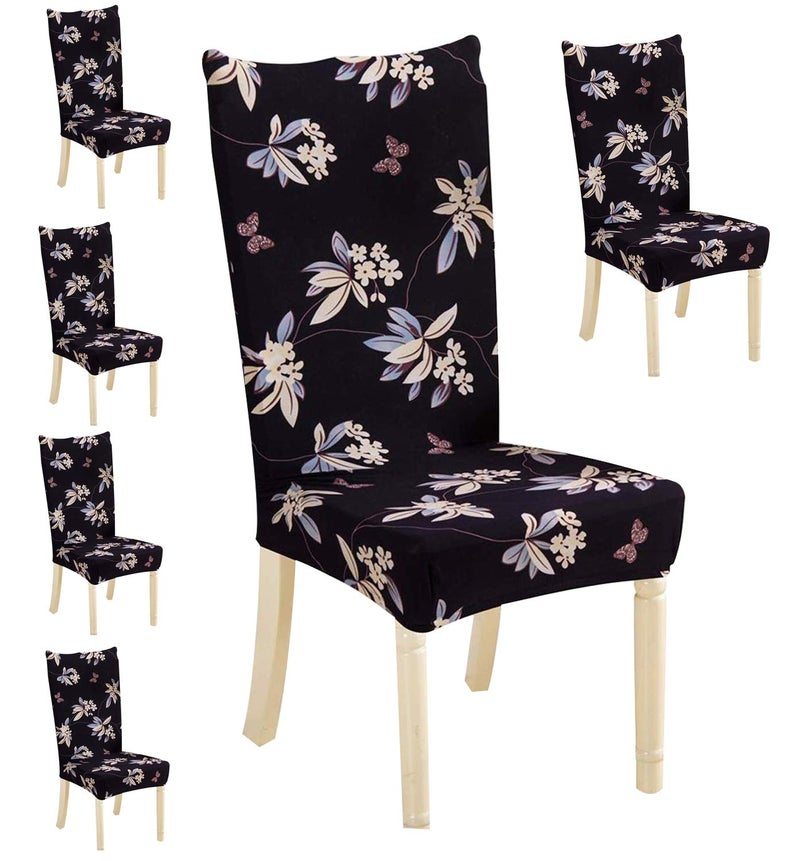 Styleys Polyester Blend Floral Stretchable Printed Dining Chair Covers Case Protector for Home, Kitchen, Party, Restaurant SD - 31 (Black Flower, Set of 6) - Image 1