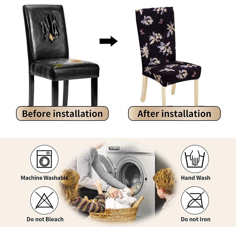Styleys Polyester Blend Floral Stretchable Printed Dining Chair Covers Case Protector for Home, Kitchen, Party, Restaurant SD - 31 (Black Flower, Set of 6) - Image 3