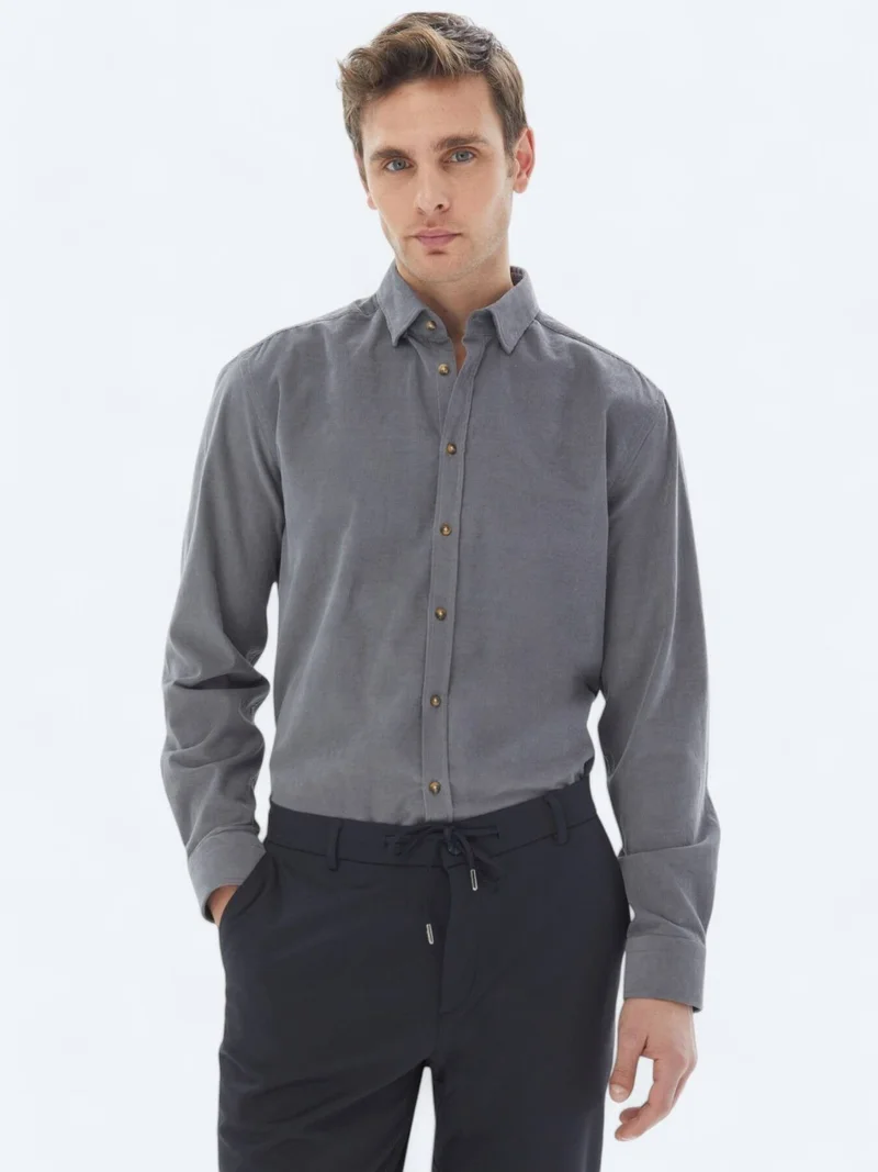 Kip Grey Ribbed Regular Fit Long Weaving Casual 100% Cotton Shirt