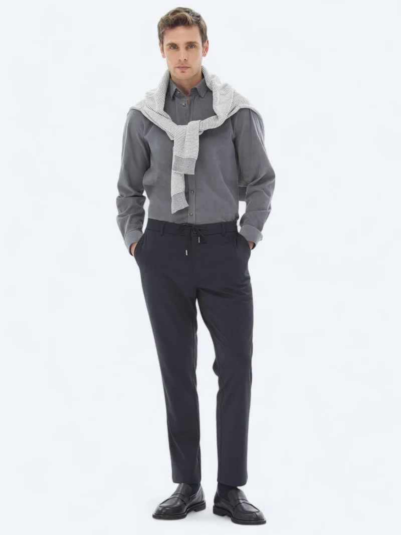 Kip Grey Ribbed Regular Fit Long Weaving Casual 100% Cotton Shirt