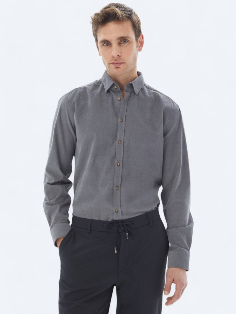 Kip Grey Ribbed Regular Fit Long Weaving Casual 100% Cotton Shirt - Image 1