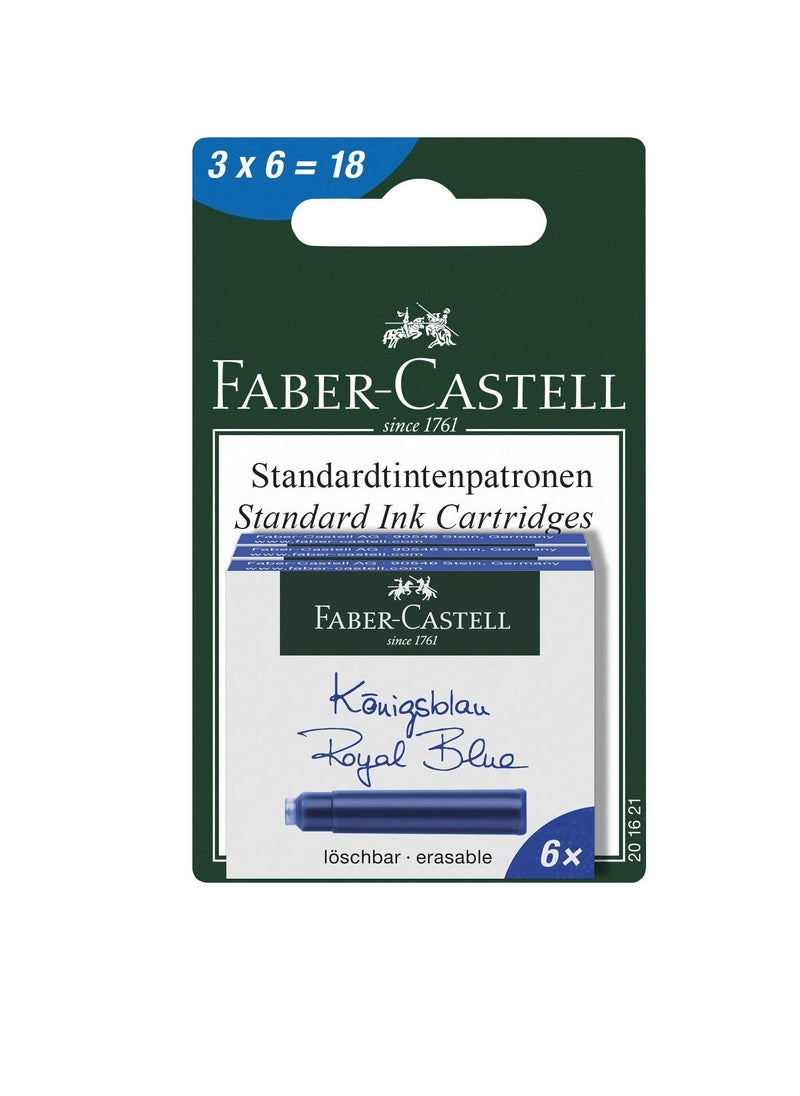 FABER-CASTELL Faber Castell INK CATRIDGE BLISTER OF 18PC BLUE,erasable ink cartridge, 201621, Royal Blue Erasable, 66 x 110 x 30 mm  - Image 1