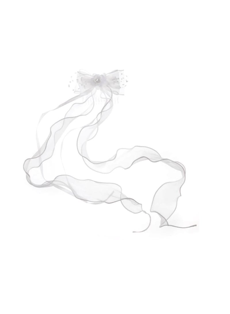 مشط شعر فيونكة العرسان مع تول أبيض وتقليم الشريط - Image 1