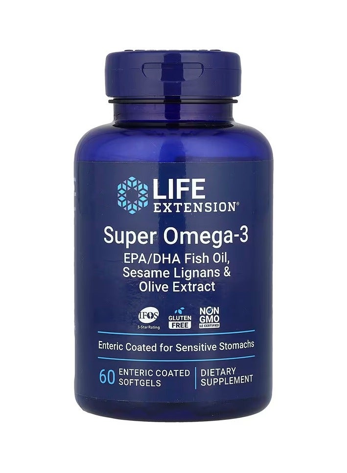 Life Extension Super Omega-3, EPA/DHA Fish Oil, Sesame Lignans & Olive Extract, 60 Enteric Coated Softgels - Image 1