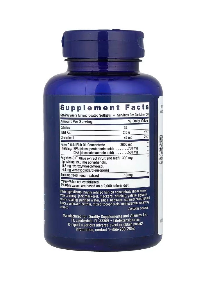 Life Extension Super Omega-3, EPA/DHA Fish Oil, Sesame Lignans & Olive Extract, 60 Enteric Coated Softgels - Image 2