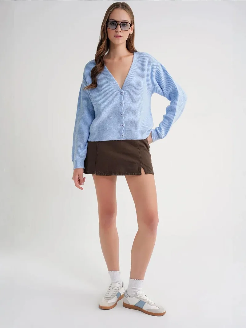 MixRay Mixray Textured V-Neck Button Cardigan