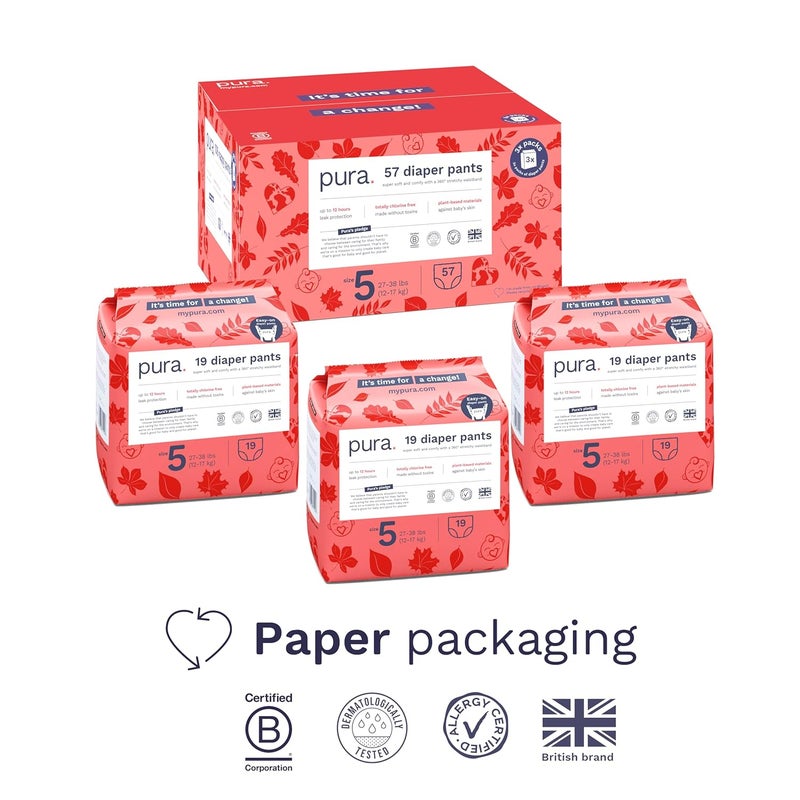 Pura بنطلونات حفاضات بورا المضادة للحساسية الحجم 5 2738 رطل للحماية من التسرب حتى 12 ساعة مناسبة للبشرة الحساسة خالية تمامًا من الكلور قطن عضوي ناعم 3 عبوات من 19 57 بنطلون سهل الارتداء - Image 2