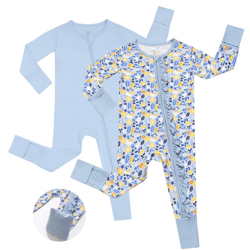 JunNeng Baby Girl Viscose from Bamboo Sleeper with Mitten Cuffs, 2 Way Zipper Romper, Sleep N' Play Pajamas Flower+Blue 12-18 Months - Image 1