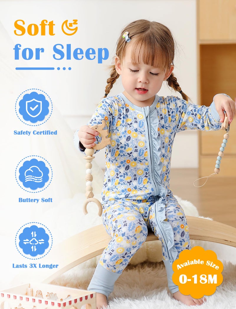 JunNeng Baby Girl Viscose from Bamboo Sleeper with Mitten Cuffs, 2 Way Zipper Romper, Sleep N' Play Pajamas Flower+Blue 12-18 Months - Image 2