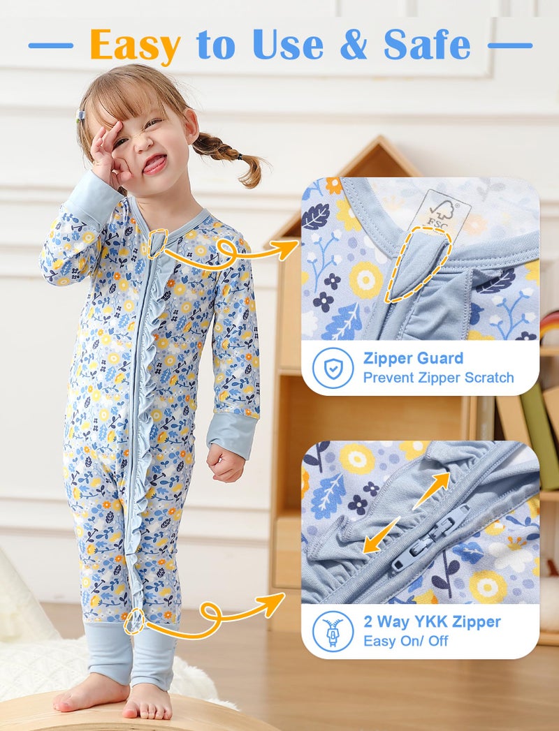 JunNeng Baby Girl Viscose from Bamboo Sleeper with Mitten Cuffs, 2 Way Zipper Romper, Sleep N' Play Pajamas Flower+Blue 12-18 Months - Image 3
