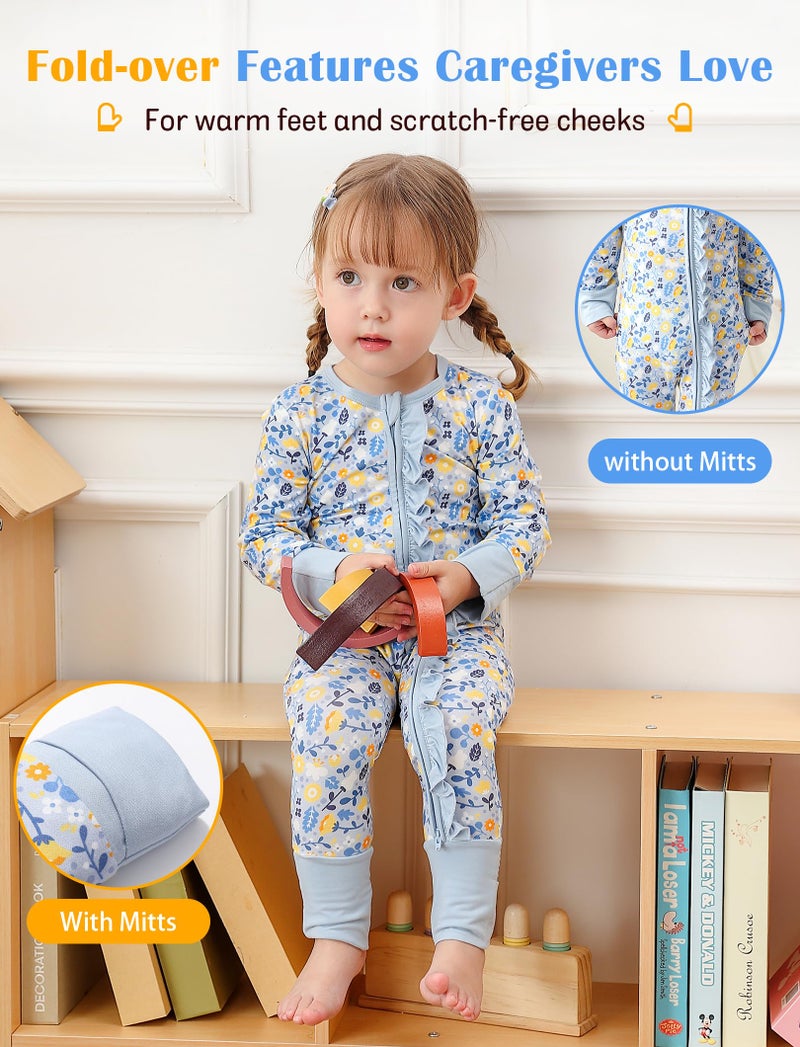 JunNeng Baby Girl Viscose from Bamboo Sleeper with Mitten Cuffs, 2 Way Zipper Romper, Sleep N' Play Pajamas Flower+Blue 12-18 Months - Image 4