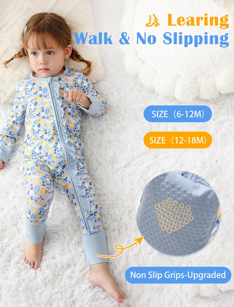 JunNeng Baby Girl Viscose from Bamboo Sleeper with Mitten Cuffs, 2 Way Zipper Romper, Sleep N' Play Pajamas Flower+Blue 12-18 Months - Image 5