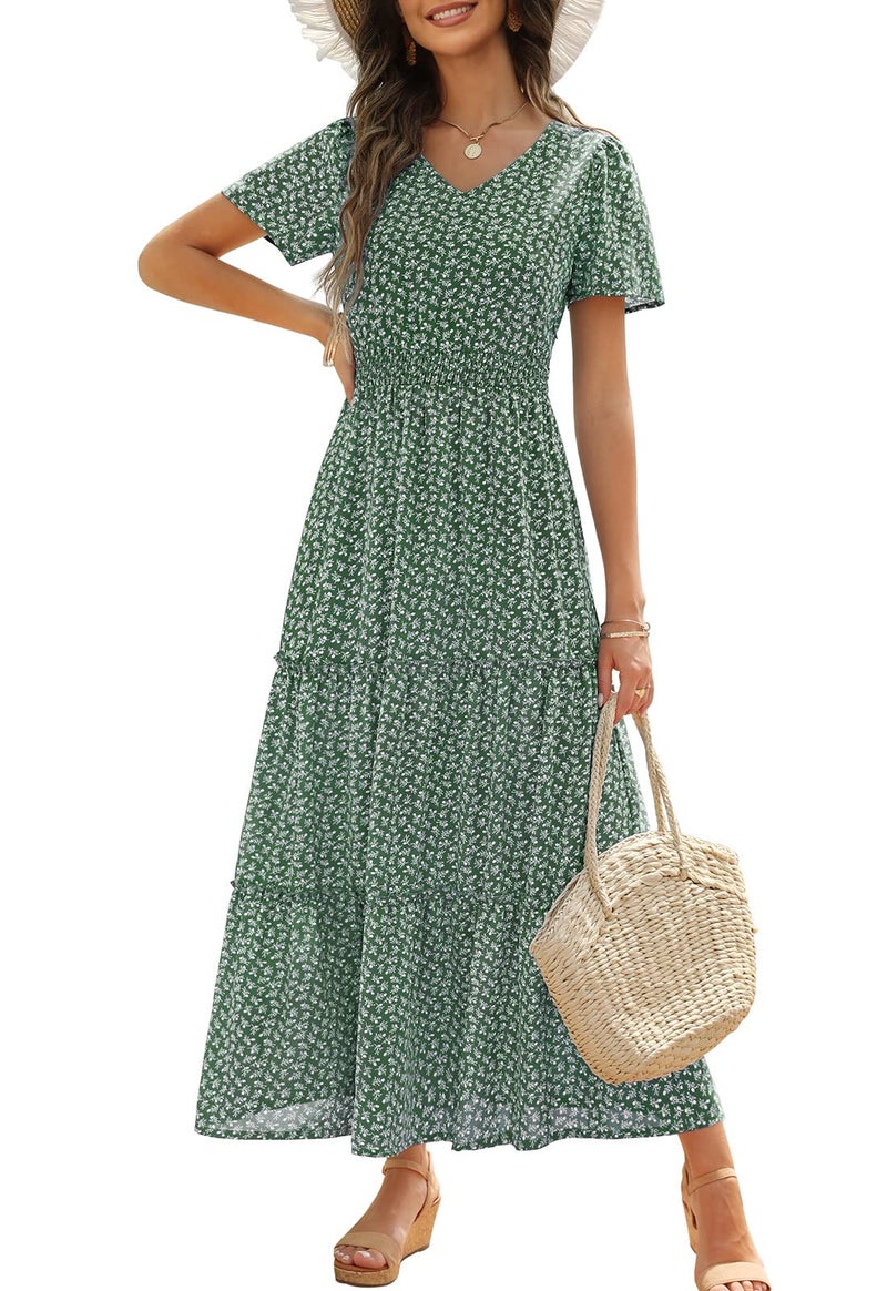 Zattcas Womens 2026 Long Summer Dresses Casual Short Flutter Sleeve V Neck Smocked Waist Tiered Flowy Modest Floral Boho Maxi Dress Green XL - Image 1