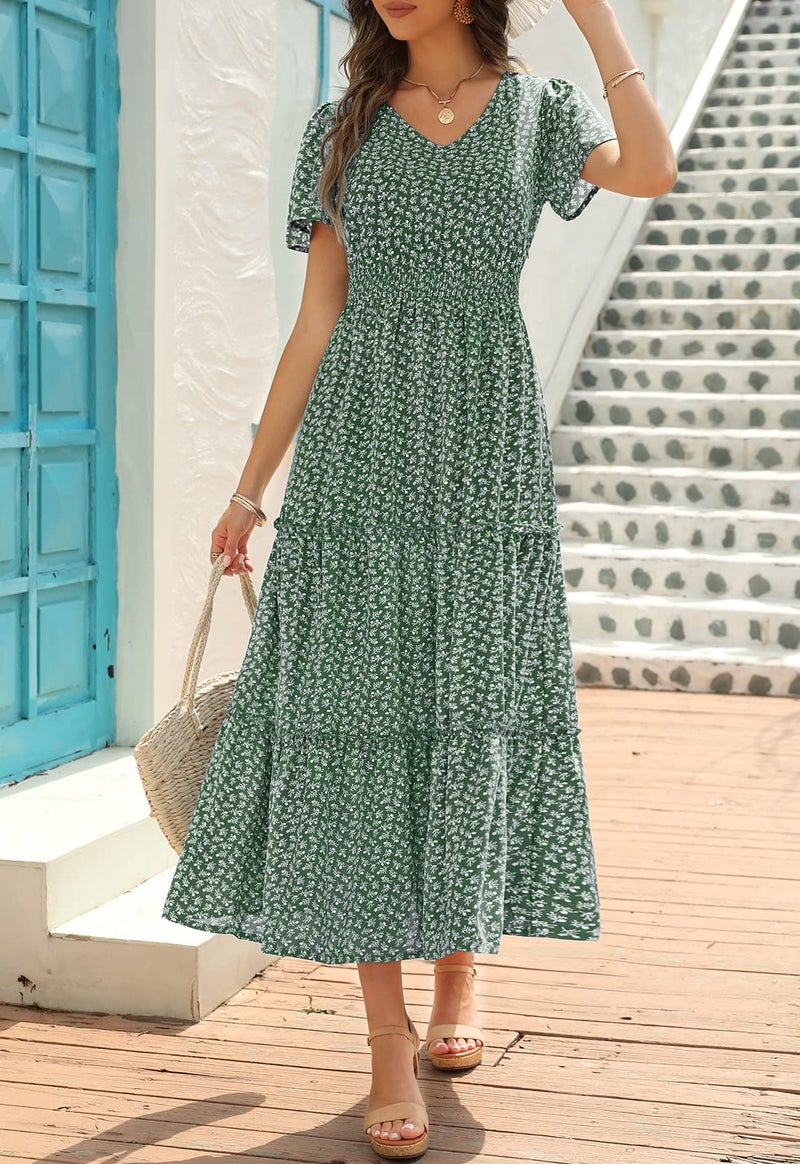 Zattcas Womens 2026 Long Summer Dresses Casual Short Flutter Sleeve V Neck Smocked Waist Tiered Flowy Modest Floral Boho Maxi Dress Green XL - Image 2