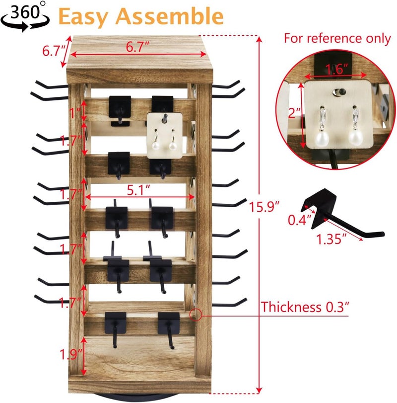 Ikee Design Wood Rotating Jewelry Display, Removable 42 Hooks Earring Display Stand, 5 Bars Earring Organizer Stand, Oak Color - Image 2