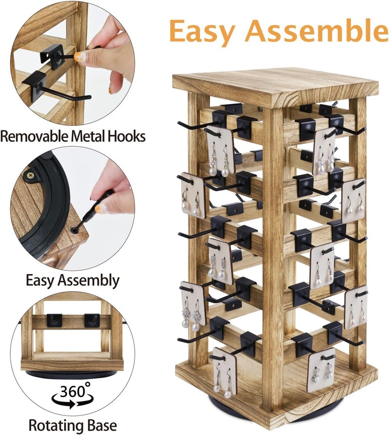 Ikee Design Wood Rotating Jewelry Display, Removable 42 Hooks Earring Display Stand, 5 Bars Earring Organizer Stand, Oak Color - Image 3