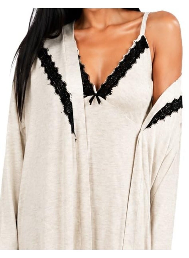 Dadoush Women's 2 Piece Nightgown Camisole and Robe Elegant Design with Lace - Prop Nightgown - Soft Shirt with Robe, Elegant Design with Waistband and Lace - Image 2