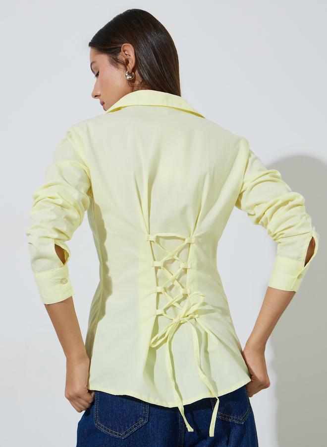 Styli Yellow Long Sleeve Fitted Shirt with Back Lace-Up Detail - Image 4