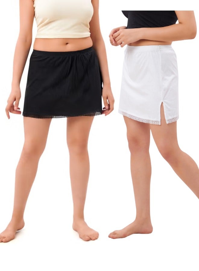 mybody Mybody Micro Inskirt Pack of 2 for Women | White+Black Saree Shapewear | Stretchable Cotton Blend Petticoat | Seamless Saree Underskirt | S to 3XL Sizes | Comfortable Daily Wear Support Skirt | Ethnic Wear Underskirt Combo  - Image 3