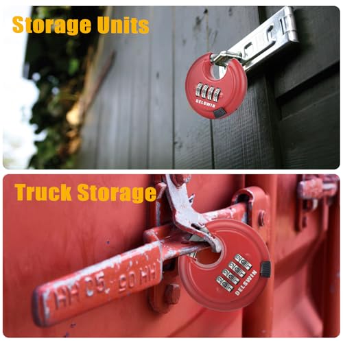 DELSWIN Outdoor Combination Padlock - 4 Digit Heavy Duty Disc Lock with Hardened Shackle,Combo Padlock for Gate,Storage Unit,Fence(25/64" Shackle, Red,1Pcs) - Image 4