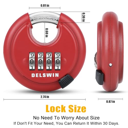 DELSWIN Outdoor Combination Padlock - 4 Digit Heavy Duty Disc Lock with Hardened Shackle,Combo Padlock for Gate,Storage Unit,Fence(25/64" Shackle, Red,1Pcs) - Image 5