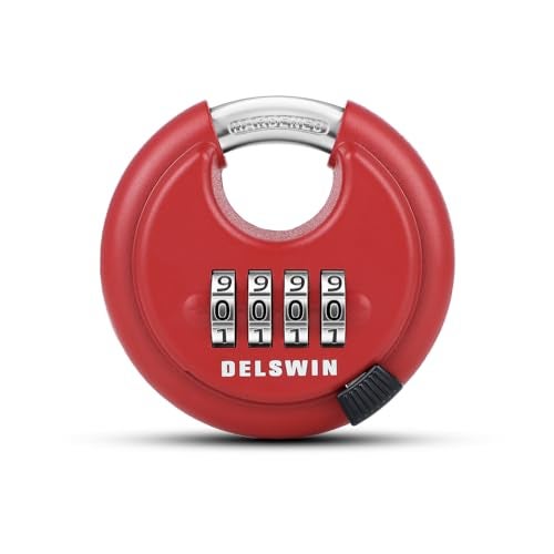 DELSWIN Outdoor Combination Padlock - 4 Digit Heavy Duty Disc Lock with Hardened Shackle,Combo Padlock for Gate,Storage Unit,Fence(25/64" Shackle, Red,1Pcs) - Image 1