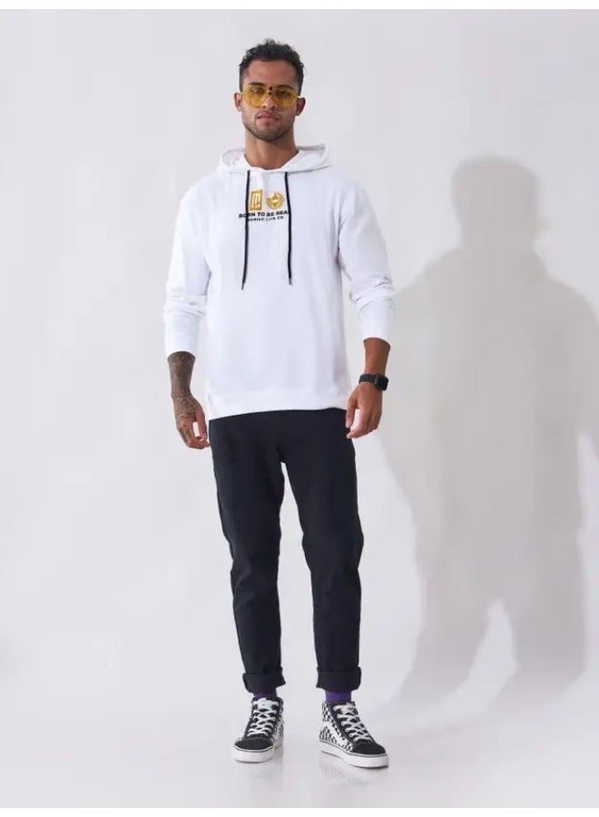 Maniac Maniac Mens Printed Hooded Neck Full Sleeve White and Yellow Cotton Slim Fit T-Shirt  - Image 4