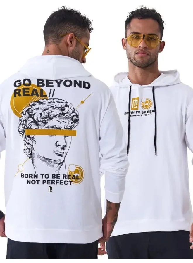 Maniac Maniac Mens Printed Hooded Neck Full Sleeve White and Yellow Cotton Slim Fit T-Shirt