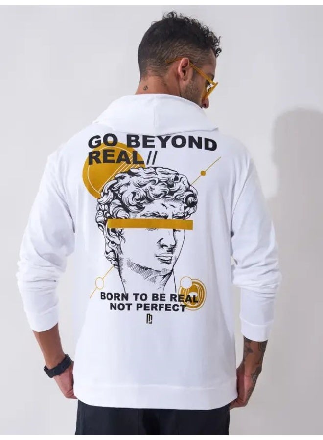 Maniac Maniac Mens Printed Hooded Neck Full Sleeve White and Yellow Cotton Slim Fit T-Shirt  - Image 5