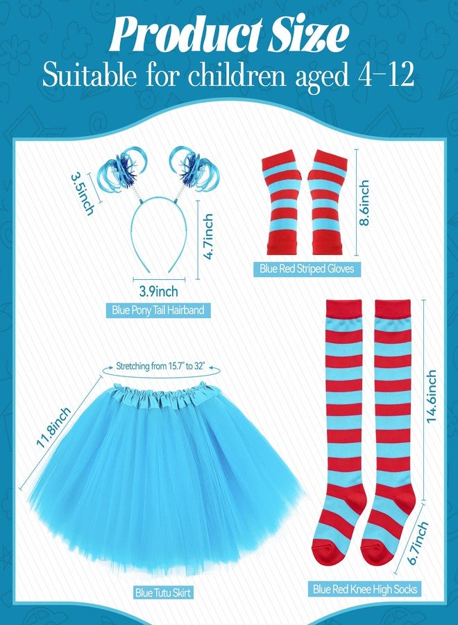 VEKDA 4PCS Character Costumes for Kids Halloween Cosplay Set with Blue Tutu Skirt, Headband, Blue Red Striped Gloves and Knee High Socks for 4-12 Year - Image 2