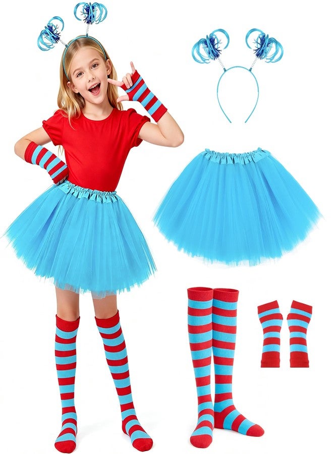 VEKDA 4PCS Character Costumes for Kids Halloween Cosplay Set with Blue Tutu Skirt, Headband, Blue Red Striped Gloves and Knee High Socks for 4-12 Year - Image 1