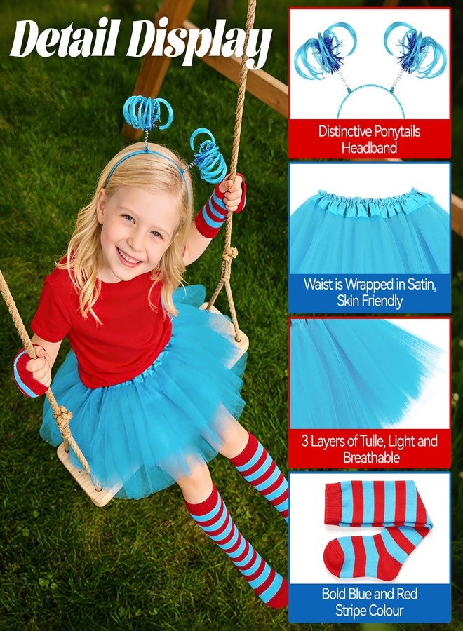 VEKDA 4PCS Character Costumes for Kids Halloween Cosplay Set with Blue Tutu Skirt, Headband, Blue Red Striped Gloves and Knee High Socks for 4-12 Year - Image 3