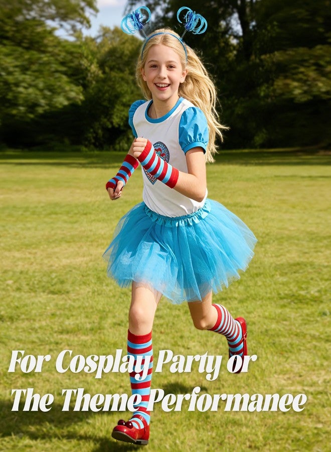 VEKDA 4PCS Character Costumes for Kids Halloween Cosplay Set with Blue Tutu Skirt, Headband, Blue Red Striped Gloves and Knee High Socks for 4-12 Year - Image 4