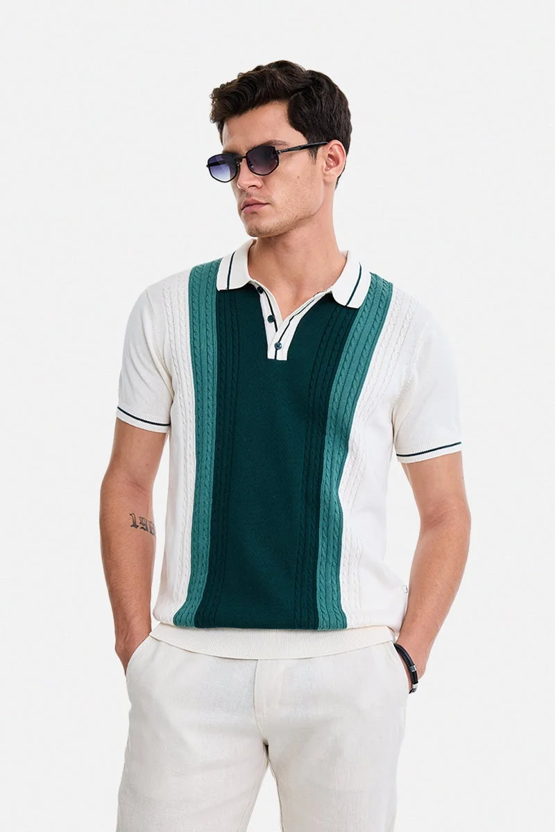 سنيتش Off-White Textured Half Sleeve Regular Fit T-Shirt