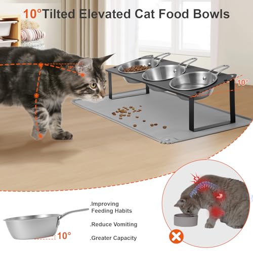 HOVNKUT Elevated Cat Bowls with Food Mat 10Tilted NonSlip Raised Cat Food Water Bowls Set 3 Thick Stainless Steel Pets Dishes with Handles to Indoor Kitten Puppy AntiVomiting Cute Metal Feeding Stand - Image 3